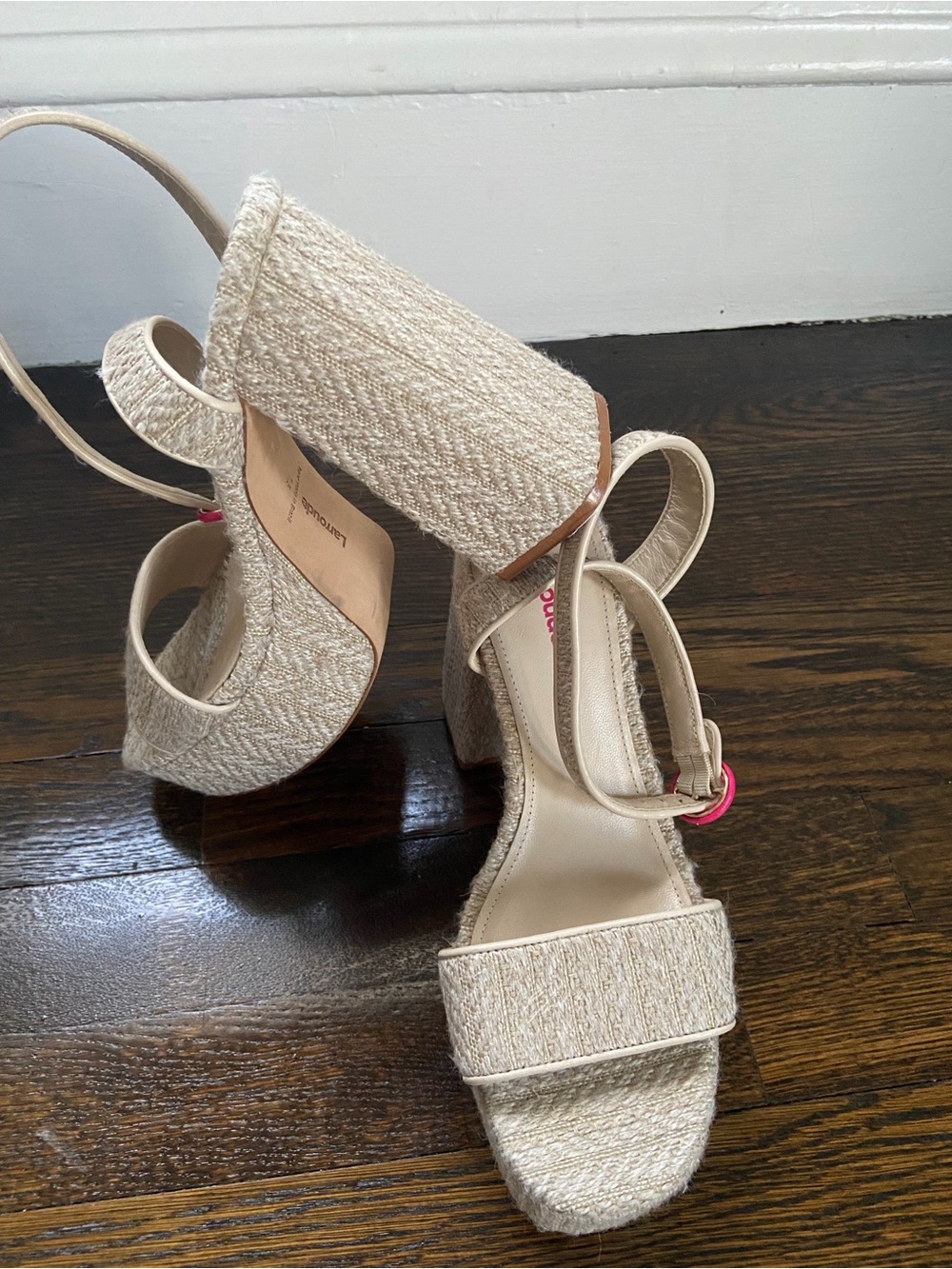Larroude Cream Woven Platform Sandals with Ankle Strap